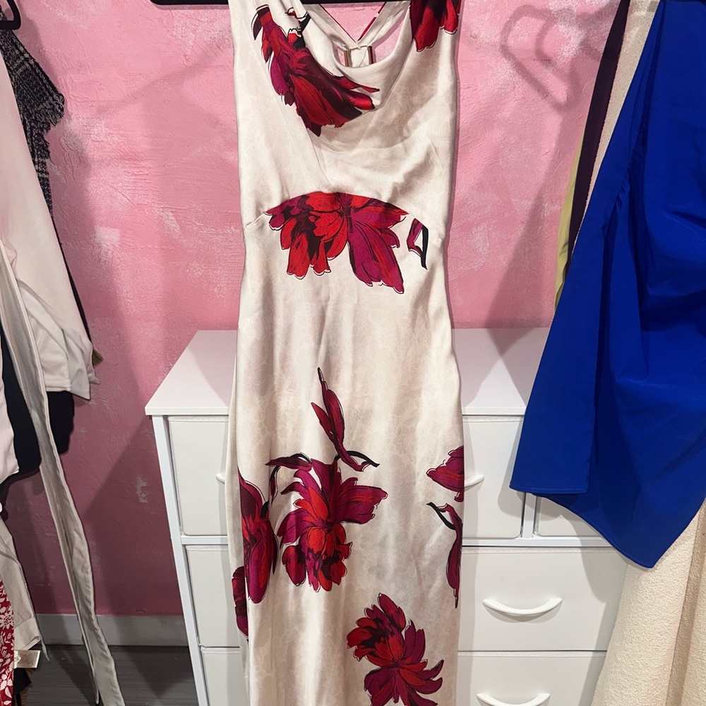 Zara backless red & cream floral satin dress